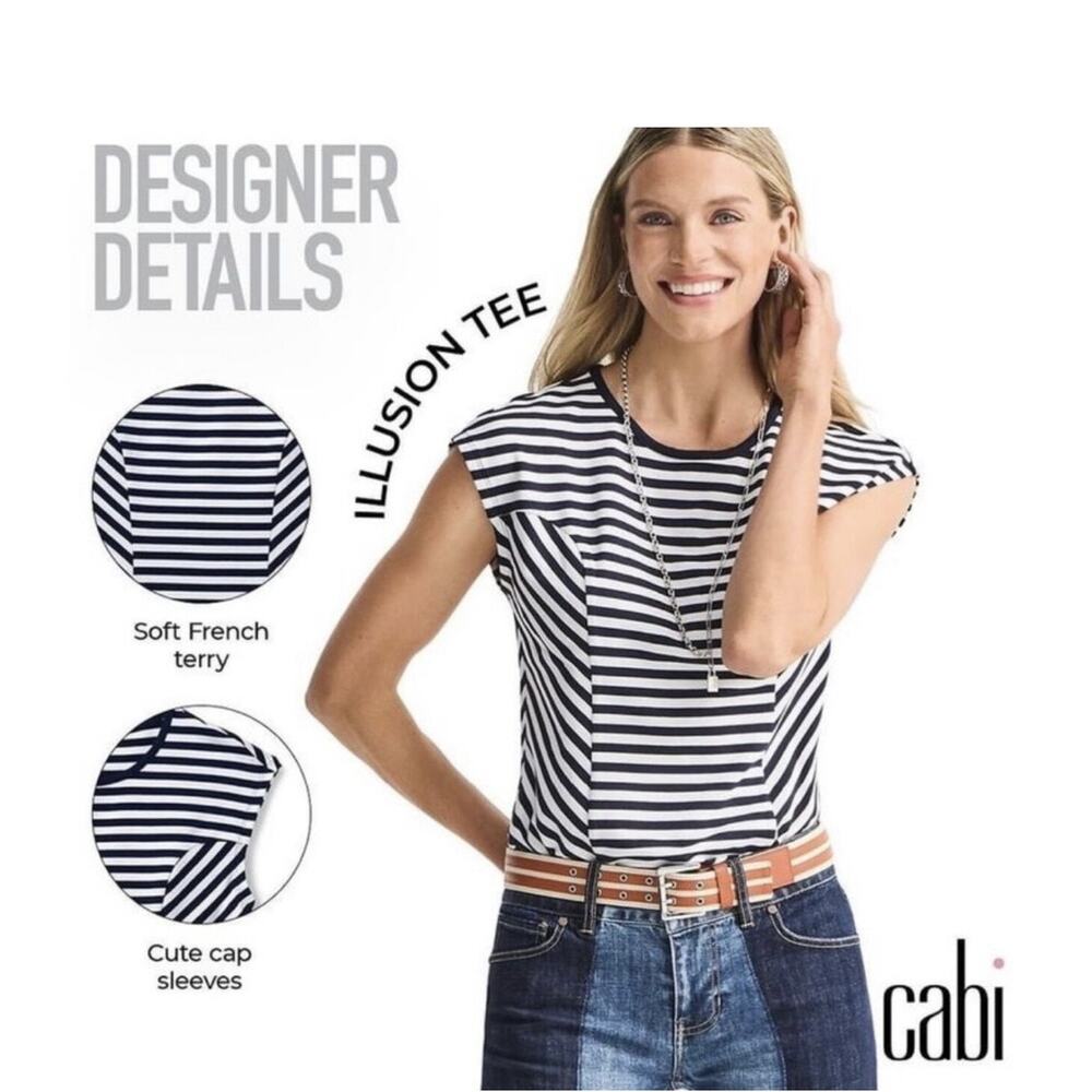 Cabi Illusion Tee White/Navy Stripe Cap Sleeve  Stretch Sz Medium